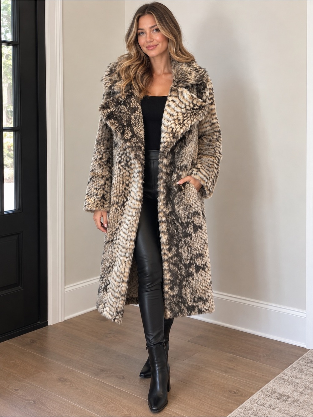 12th Tribe Long Faux Fur Coat in Neutral Brown and Cream